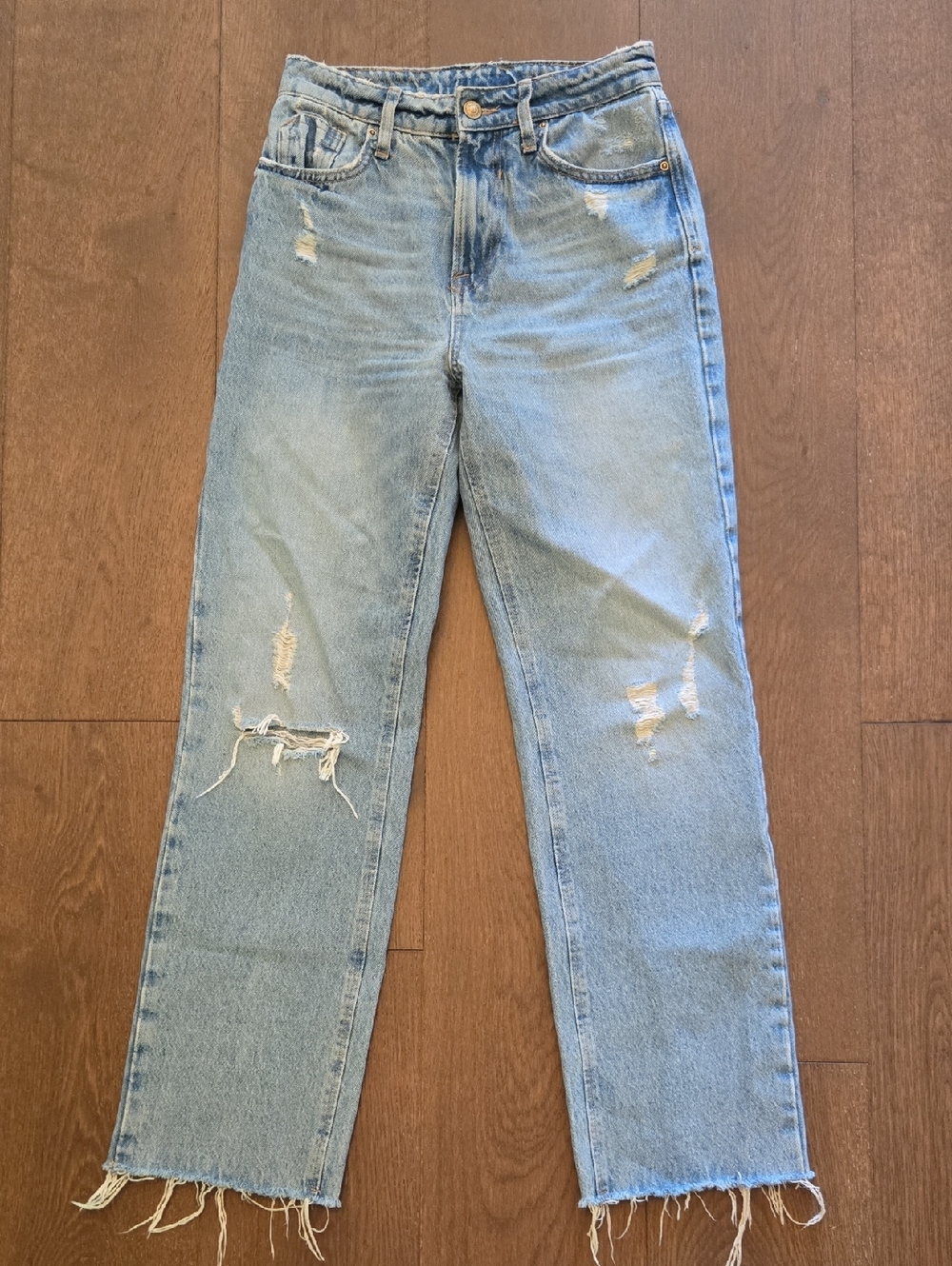 Zara Light Blue Straight Leg Distressed Jeans
